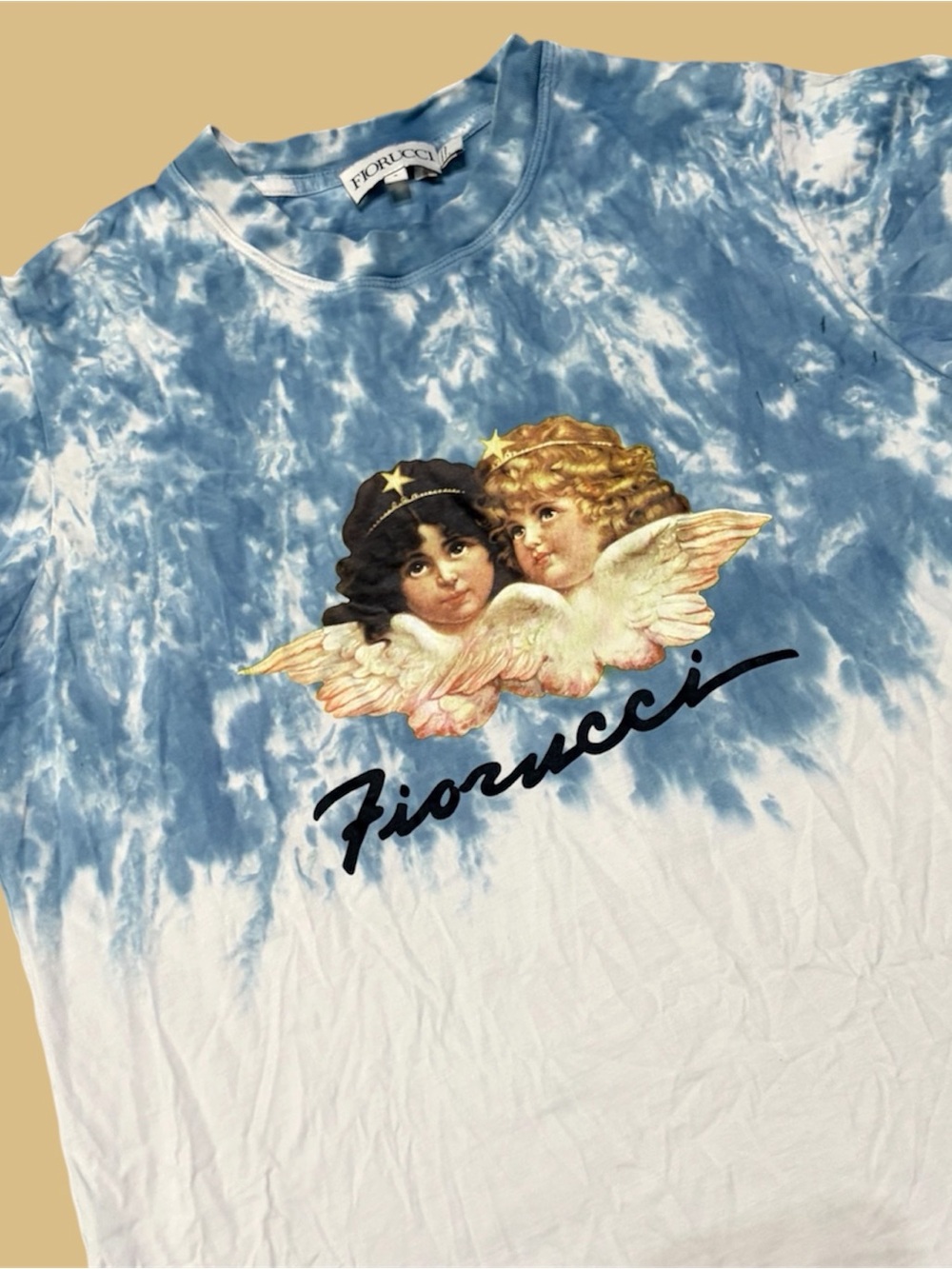 Fiorucci t-shirt blue and white tie-dye wash and the iconic two angel